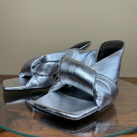 MARC FISHER Silver Knot Dellian Square Toe Slip On Leather Heeled Sandal - Picture 5 of 15